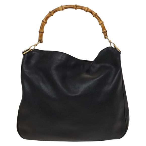 GUCCI Bamboo Hand Bag Leather Black Gold 001 001 - Picture 2 of 16